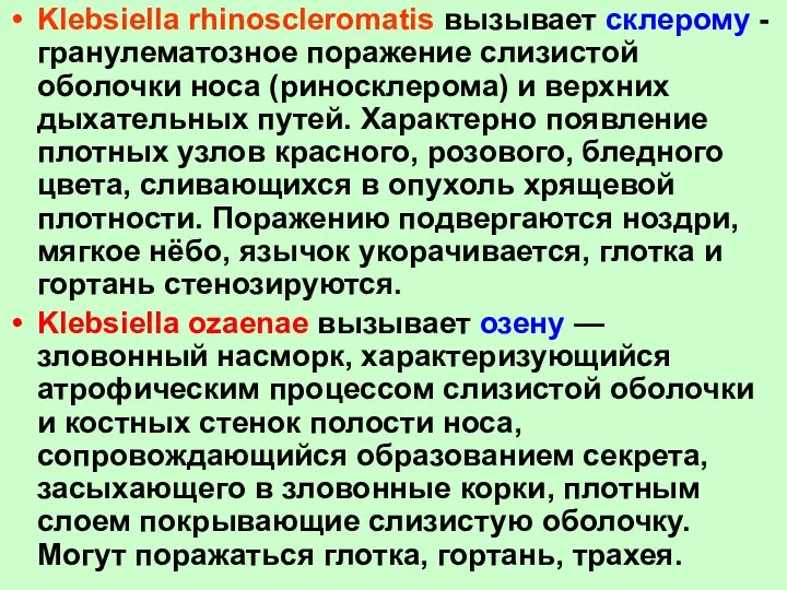 Klebsiella rhinoscleromatis вызывает склерому - гранулематозное поражение слизистой оболочки носа