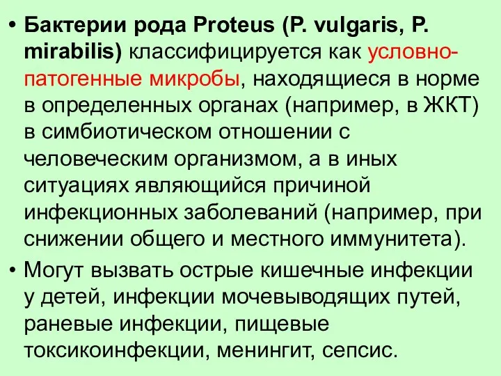 Бактерии рода Proteus (P. vulgaris, P. mirabilis) классифицируется как условно-патогенные