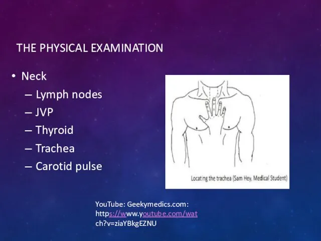 THE PHYSICAL EXAMINATION Neck Lymph nodes JVP Thyroid Trachea Carotid pulse YouTube: Geekymedics.com: https://www.youtube.com/wat ch?v=ziaYBkgEZNU