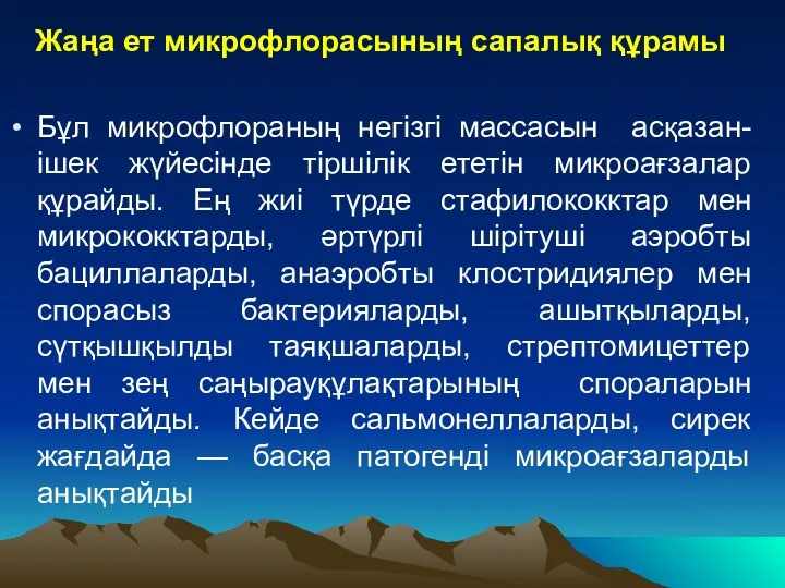 Жаңа ет микрофлорасының сапалық құрамы Бұл микрофлораның негізгі массасын асқазан-ішек