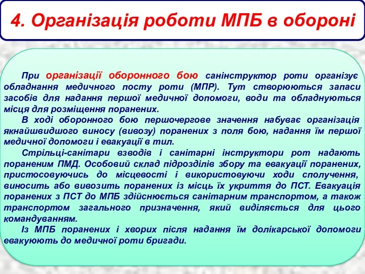 4. Організація роботи МПБ в обороні При організації оборонного бою