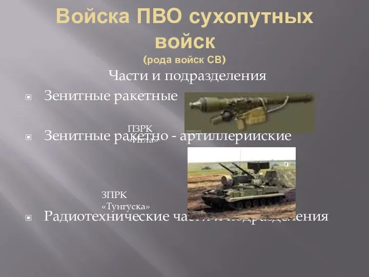 Войска ПВО сухопутных войск (рода войск СВ) Части и подразделения