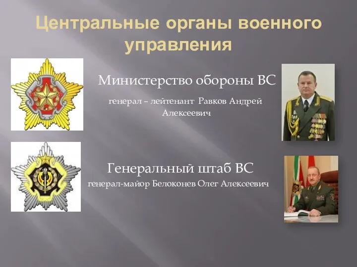 Центральные органы военного управления Министерство обороны ВС генерал – лейтенант