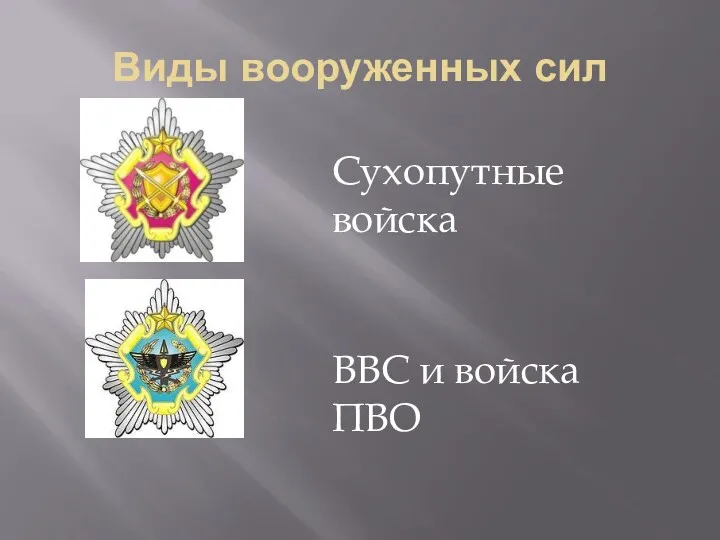 Виды вооруженных сил Сухопутные войска ВВС и войска ПВО