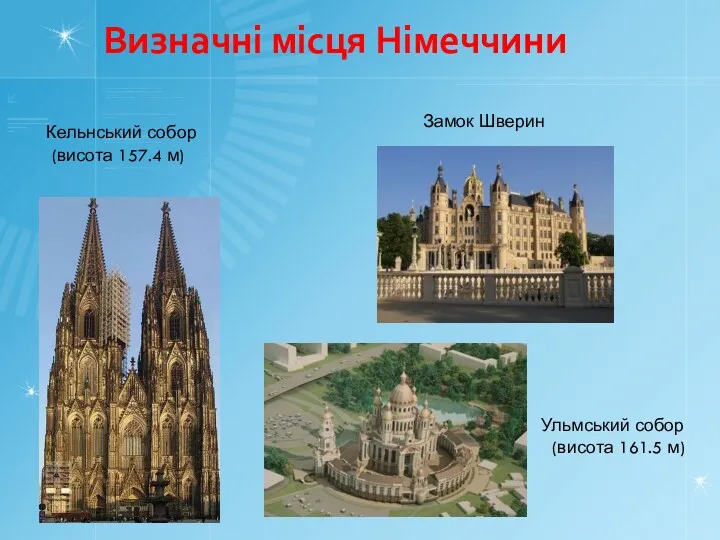 Визначні місця Німеччини Замок Шверин Кельнський собор Ульмський собор (висота 161.5 м) (висота 157.4 м)
