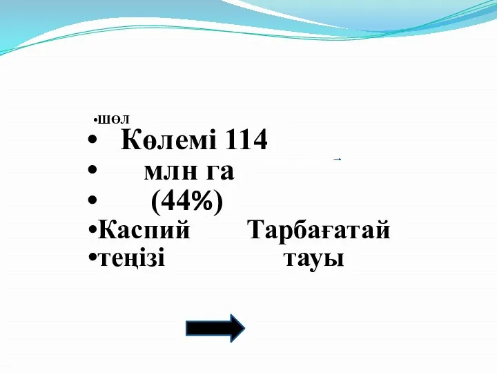 ШӨЛ Көлемі 114 млн га (44%) Каспий Тарбағатай теңізі тауы