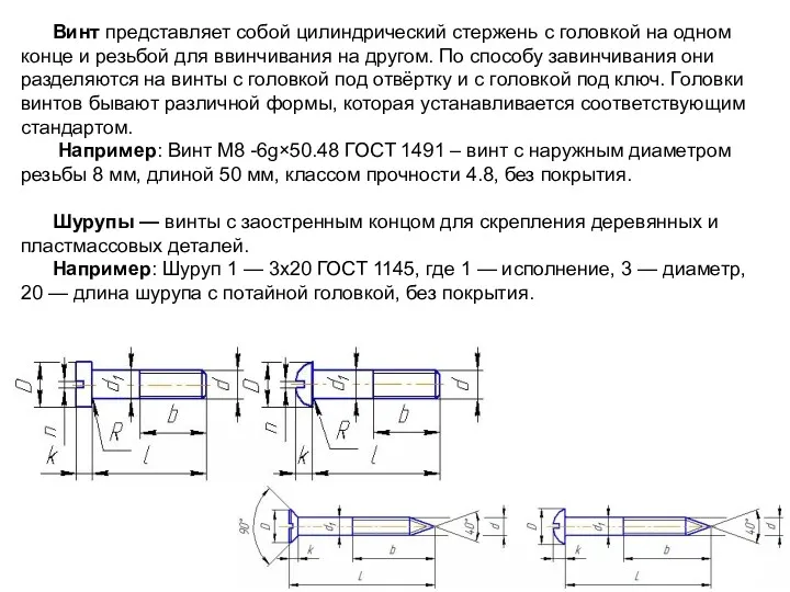 Винт представляет собой цилиндрический стержень с головкой на одном конце