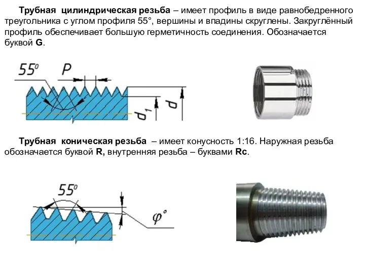 Трубная цилиндрическая резьба – имеет профиль в виде равнобедренного треугольника