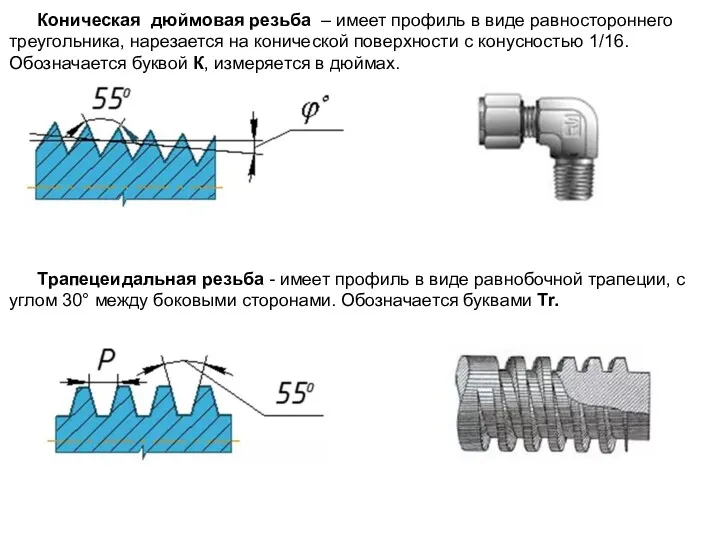 Коническая дюймовая резьба – имеет профиль в виде равностороннего треугольника,