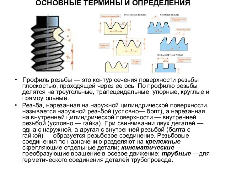 ОСНОВНЫЕ ТЕРМИНЫ И ОПРЕДЕЛЕНИЯ Профиль резьбы — это контур сечения