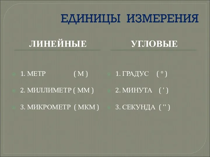 ЕДИНИЦЫ ИЗМЕРЕНИЯ ЛИНЕЙНЫЕ УГЛОВЫЕ 1. МЕТР ( М ) 2.