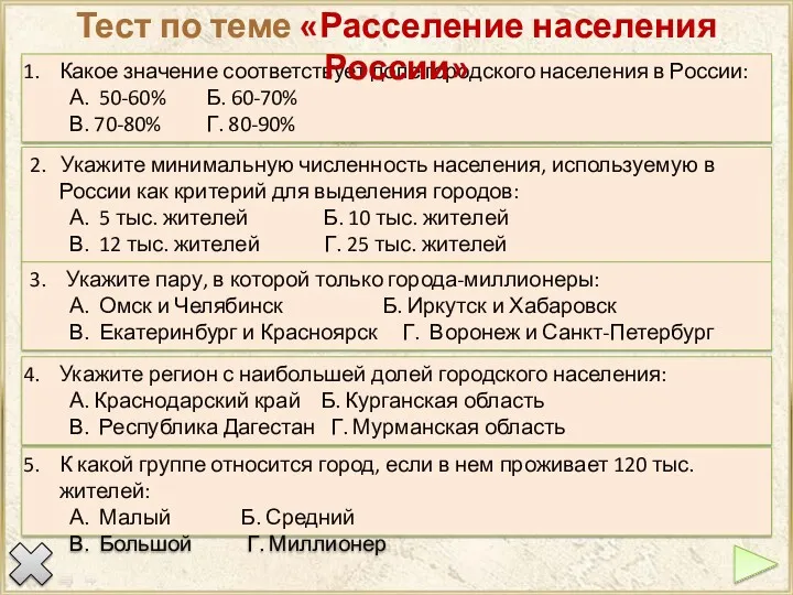 Тест по теме «Расселение населения России»