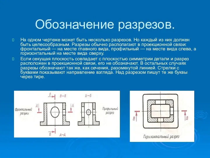 Обозначение разрезов. На одном чертеже может быть несколько разрезов. Но