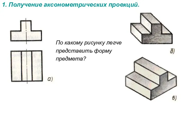 1. Получение аксонометрических проекций. По какому рисунку легче представить форму предмета?