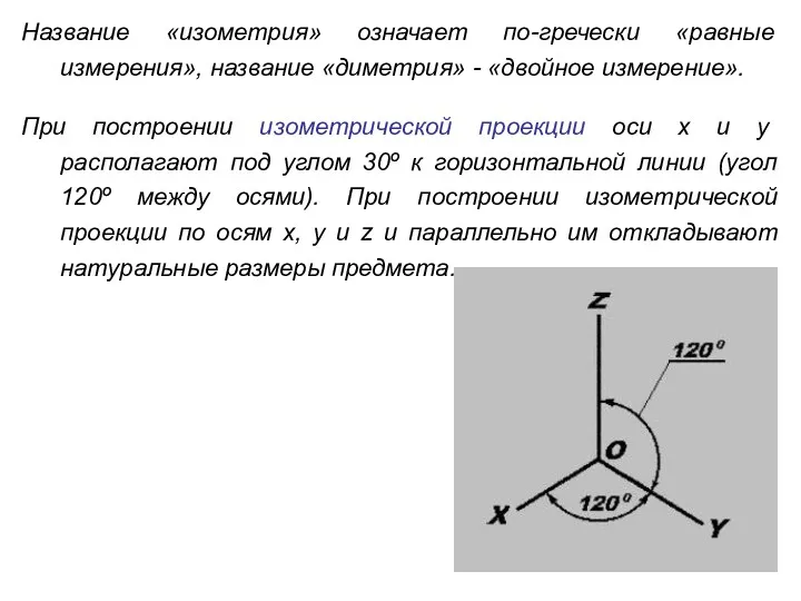 Название «изометрия» означает по-гречески «равные измерения», название «диметрия» - «двойное