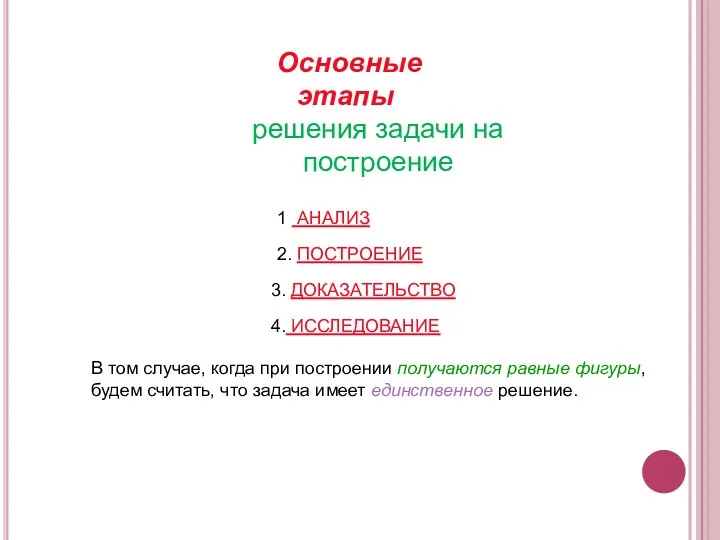 Основные этапы решения задачи на построение 1 АНАЛИЗ 2. ПОСТРОЕНИЕ