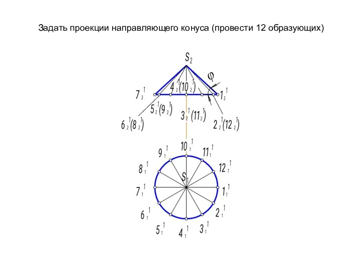 Задать проекции направляющего конуса (провести 12 образующих)