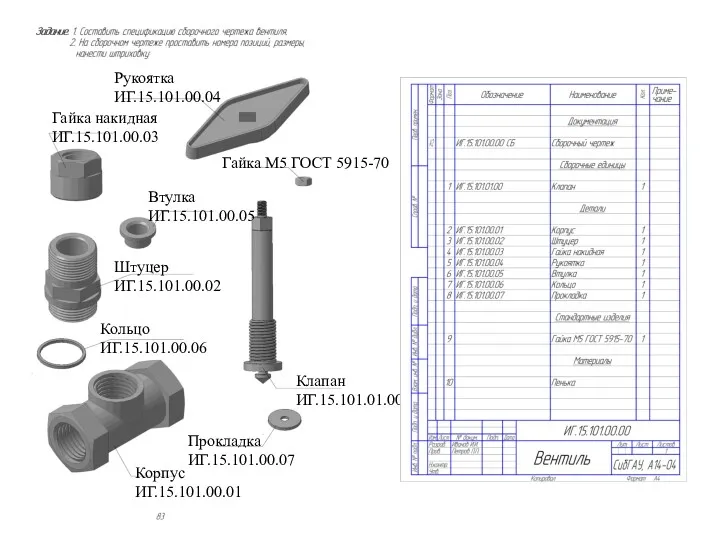 Корпус ИГ.15.101.00.01 Клапан ИГ.15.101.01.00 Штуцер ИГ.15.101.00.02 Гайка накидная ИГ.15.101.00.03 Рукоятка
