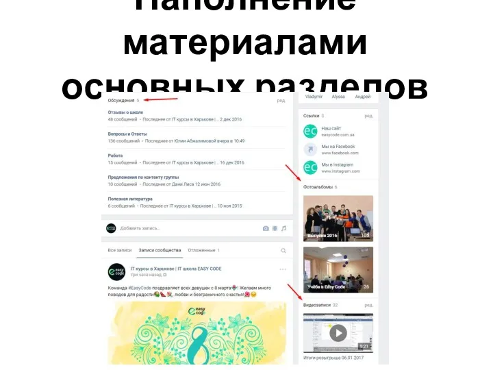 Наполнение материалами основных разделов