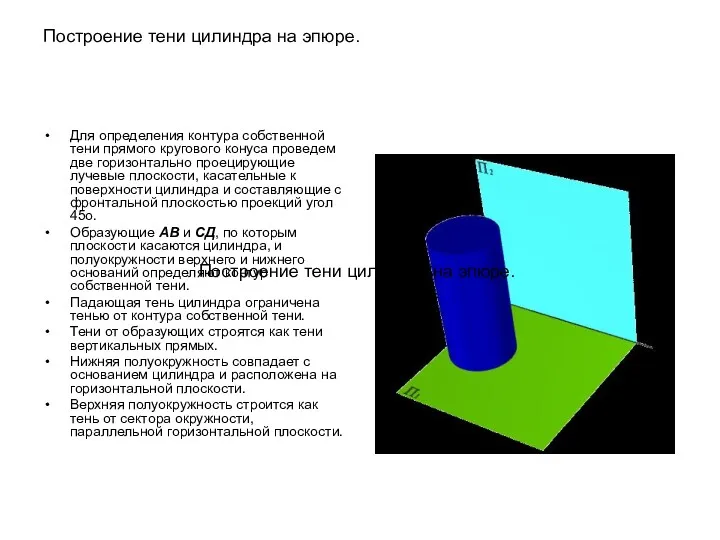 Построение тени цилиндра на эпюре. Для определения контура собственной тени