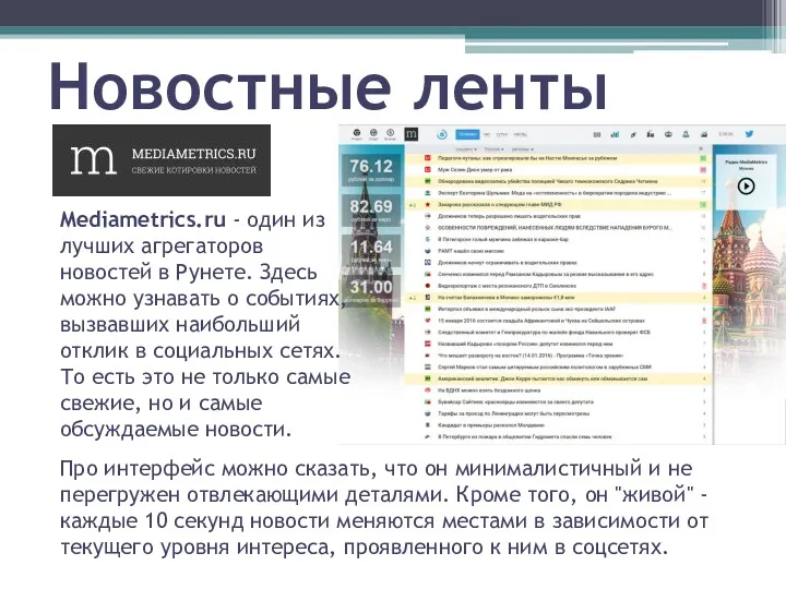 Новостные ленты Про интерфейс можно сказать, что он минималистичный и