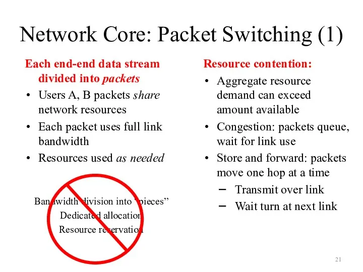 Network Core: Packet Switching (1) Each end-end data stream divided