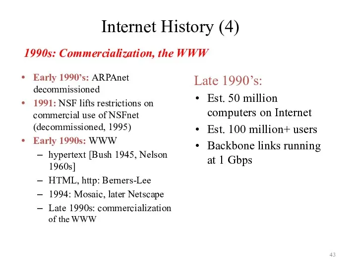 Internet History (4) Early 1990’s: ARPAnet decommissioned 1991: NSF lifts