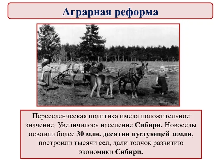 Переселенческая политика имела положительное значение. Увеличилось население Сибири. Новоселы освоили более 30 млн.