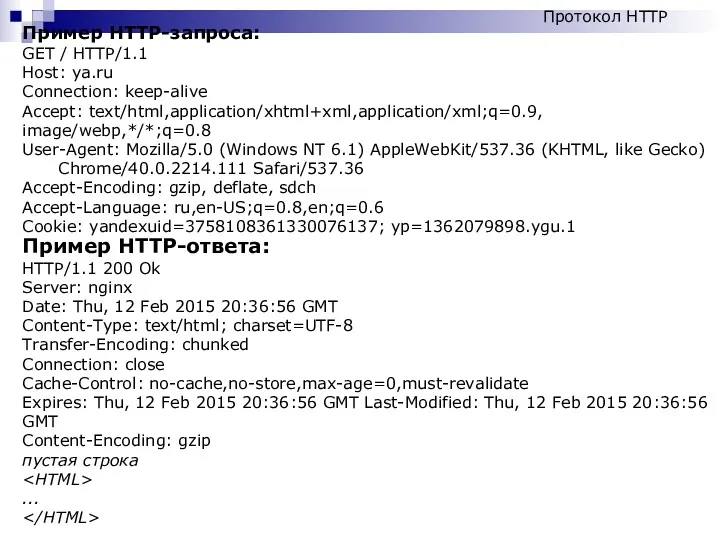 Пример HTTP-запроса: GET / HTTP/1.1 Host: ya.ru Connection: keep-alive Accept:
