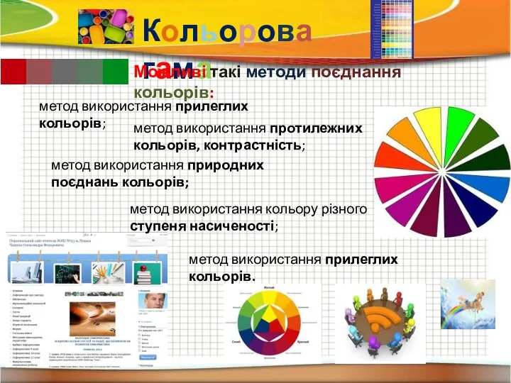 Кольорова гама метод використання прилеглих кольорів. Можливі такі методи поєднання