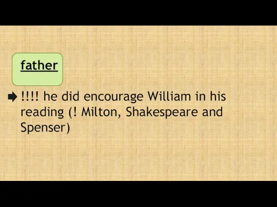 father !!!! he did encourage William in his reading (! Milton, Shakespeare and Spenser)