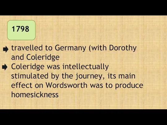 1798 travelled to Germany (with Dorothy and Coleridge Coleridge was