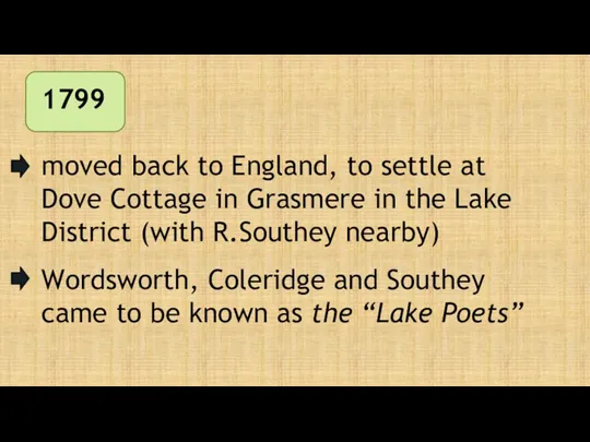 1799 moved back to England, to settle at Dove Cottage