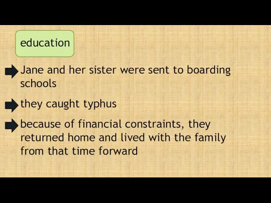 education Jane and her sister were sent to boarding schools