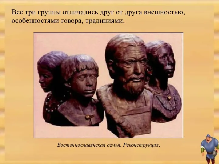 Все три группы отличались друг от друга внешностью, особенностями говора, традициями. Восточнославянская семья. Реконструкция.