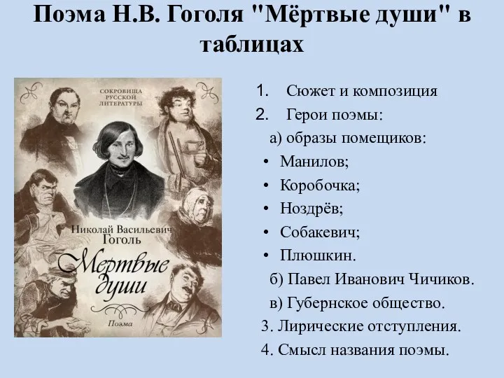 Поэма Н.В. Гоголя "Мёртвые души" в таблицах Сюжет и композиция