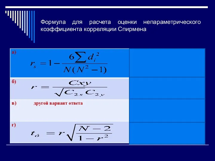 Формула для расчета оценки непараметрического коэффициента корреляции Спирмена
