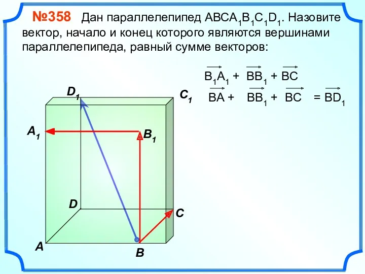 В A С C1 D1 №358 Дан параллелепипед АВСA1B1C1D1. Назовите