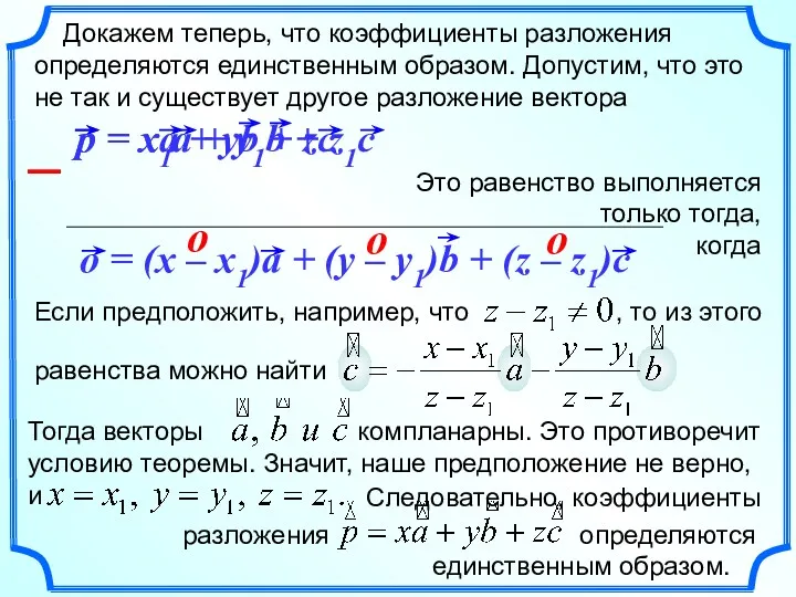 Докажем теперь, что коэффициенты разложения определяются единственным образом. Допустим, что