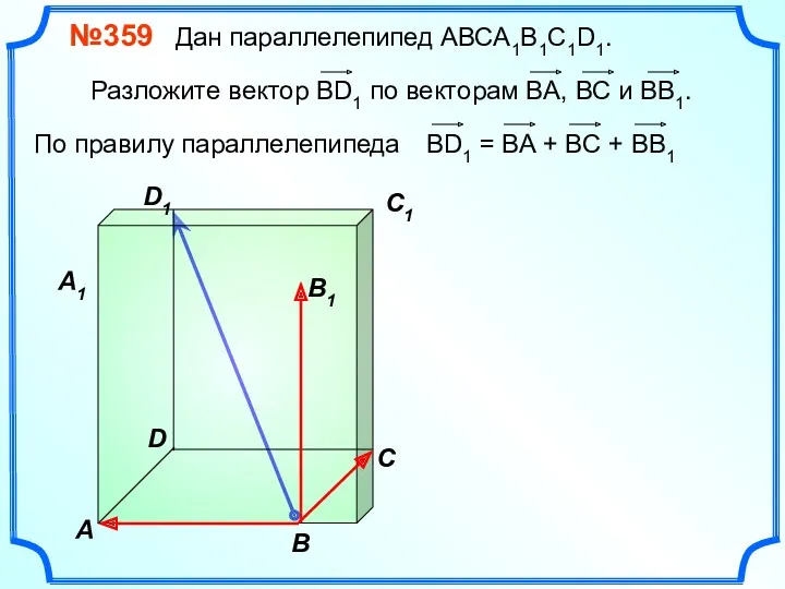 В A С C1 D1 №359 Дан параллелепипед АВСA1B1C1D1. Разложите