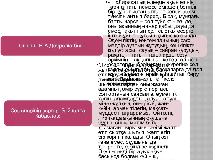 Сыншы Н.А.Добролю-бов: - «Лирикалық өлеңде ақын өзінің табиғаттағы немесе өмірдегі белгілі бір құбылыстан