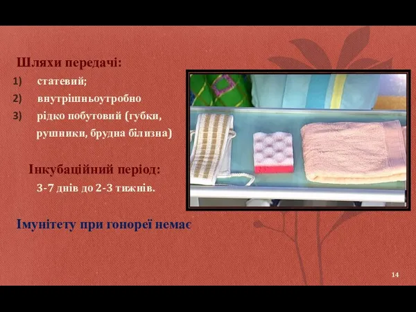 Шляхи передачі: статевий; внутрішньоутробно рідко побутовий (губки, рушники, брудна білизна)