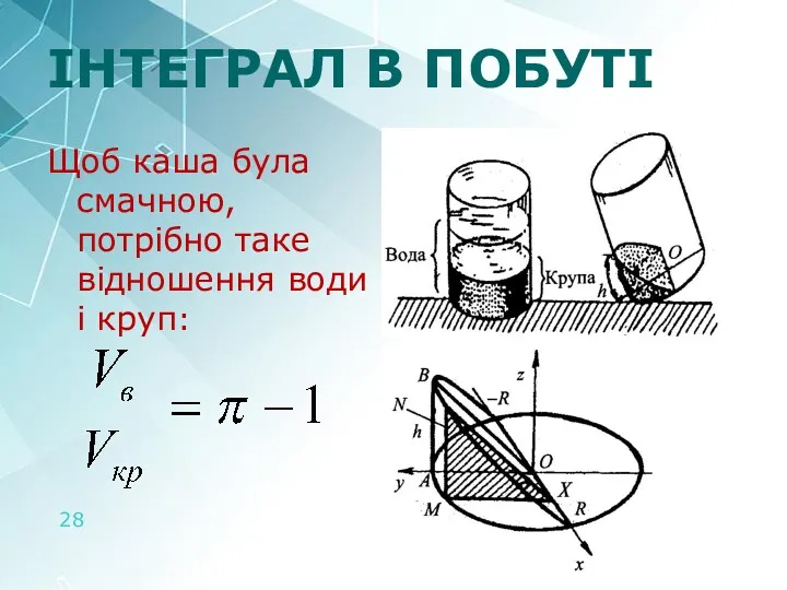 ІНТЕГРАЛ В ПОБУТІ Щоб каша була смачною, потрібно таке відношення води і круп: