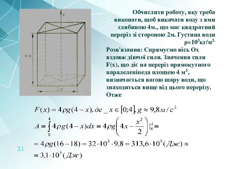 Обчислити роботу, яку треба виконати, щоб викачати воду з ями