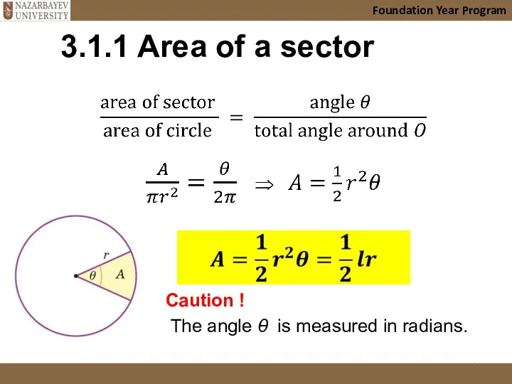 3.1.1 Area of a sector Caution ! The angle θ