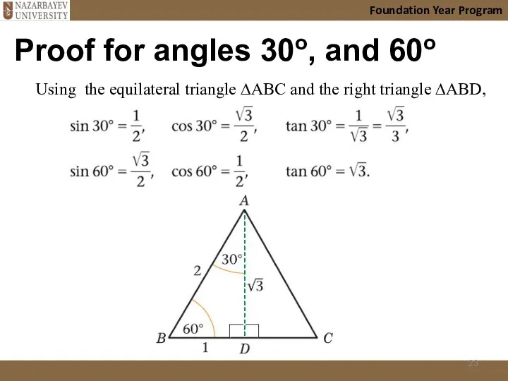 Proof for angles 30o, and 60o Foundation Year Program Using