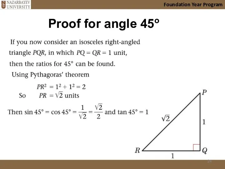 Proof for angle 45o Foundation Year Program