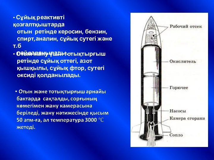 ▪ Сұйық реактивті қозғалтқыштарда отын ретінде керосин, бензин, спирт,аналин, сұйық