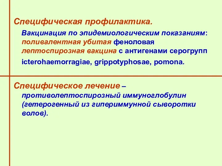 Специфическая профилактика. Вакцинация по эпидемиологическим показаниям: поливалентная убитая феноловая лептоспирозная