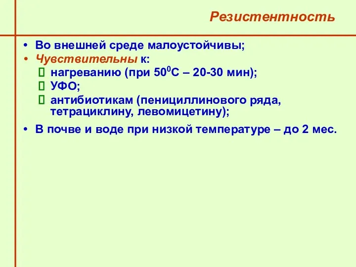 Резистентность Во внешней среде малоустойчивы; Чувствительны к: нагреванию (при 500С